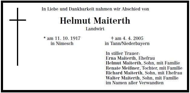 Maiterth Helmut 1917-2005 Todesanzeige